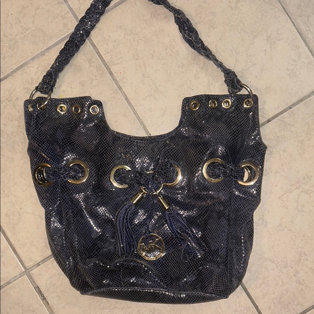 Michael Kors Gold and Blue Shoulder Bag with Braided Strap and Decorative Studs
